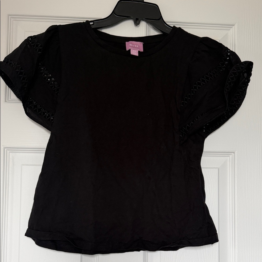 Muse Black Short Sleeve Top with Lace Detail